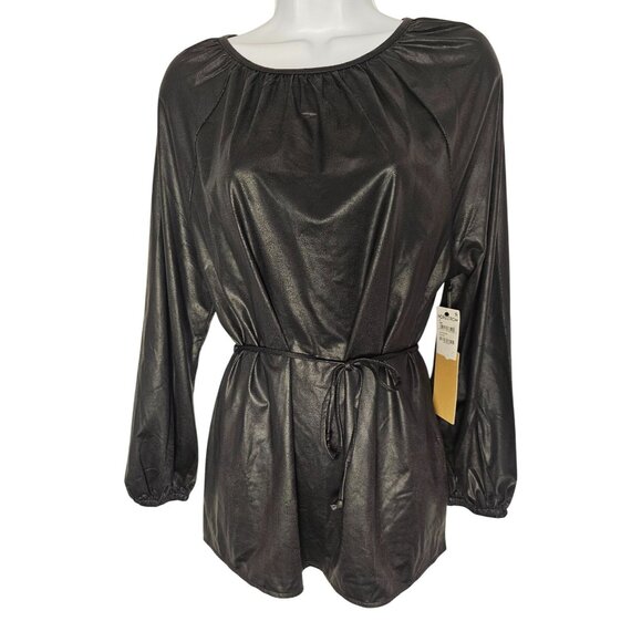 Halogen Black Faux Leather Lightweight Long Sleeve Top With Waist Tie Sz S COS M - Picture 1 of 7